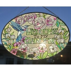 VTG Stained Glass Hummingbirds Floral Joan Baker Suncatcher Hand Painted 9 X 6.5